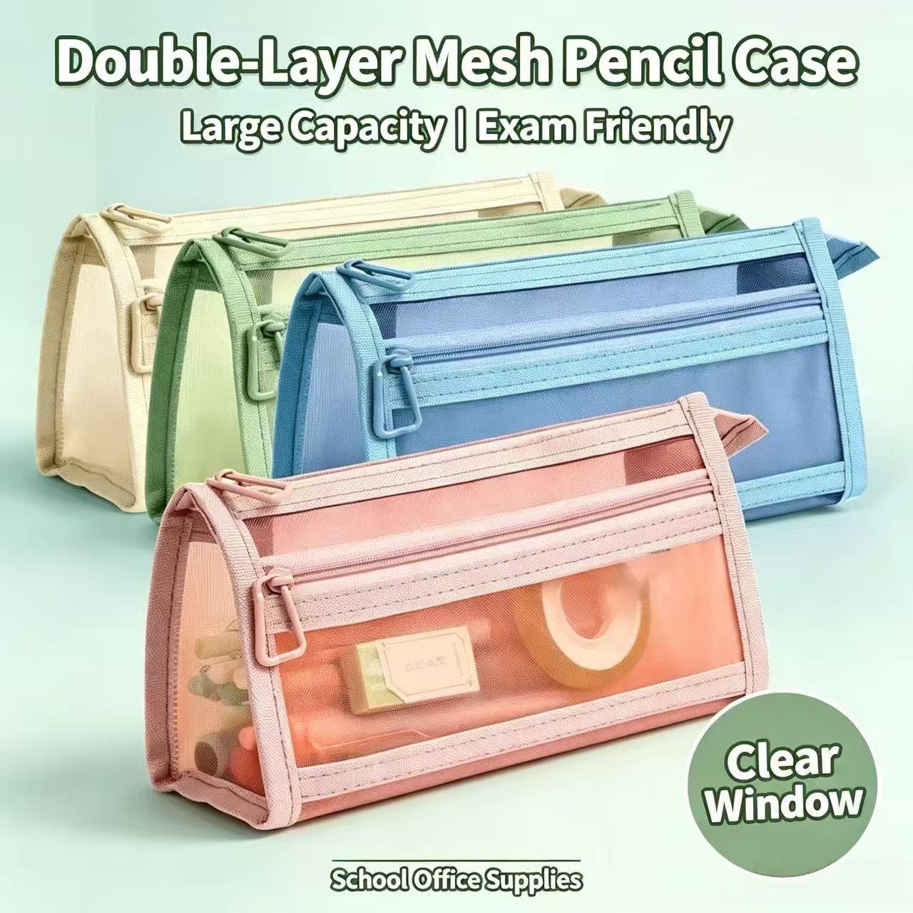 Clear Mesh Pencil Pouch For Exam - Dwupoziomowy przezroczysty piórnik z siatki, duża