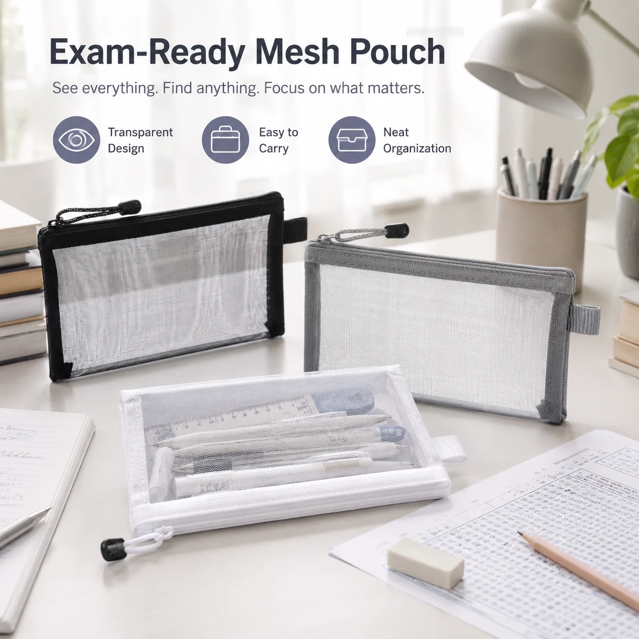 Clear Mesh Pencil Pouch For Exam - Przezroczysty piórnik z siatki, przezroczysty futerał