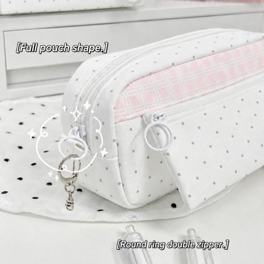 Aesthetic Large Pencil Case Pouch - Estetyczny piórnik w kropki i kratkę,