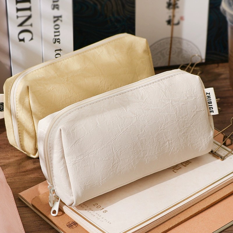 Aesthetic Large Pencil Case Pouch - Uroczy kremowy skórzany piórnik wodoodporny o