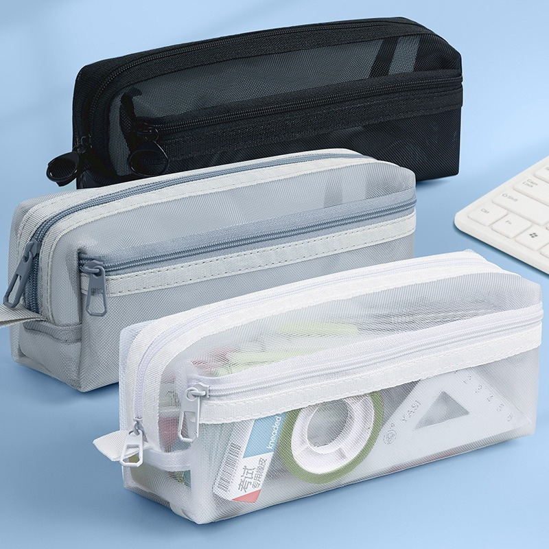 Clear Mesh Pencil Pouch For Exam - Dwukomorowy Przezroczysty Piórnik z Siatki, Specjalna